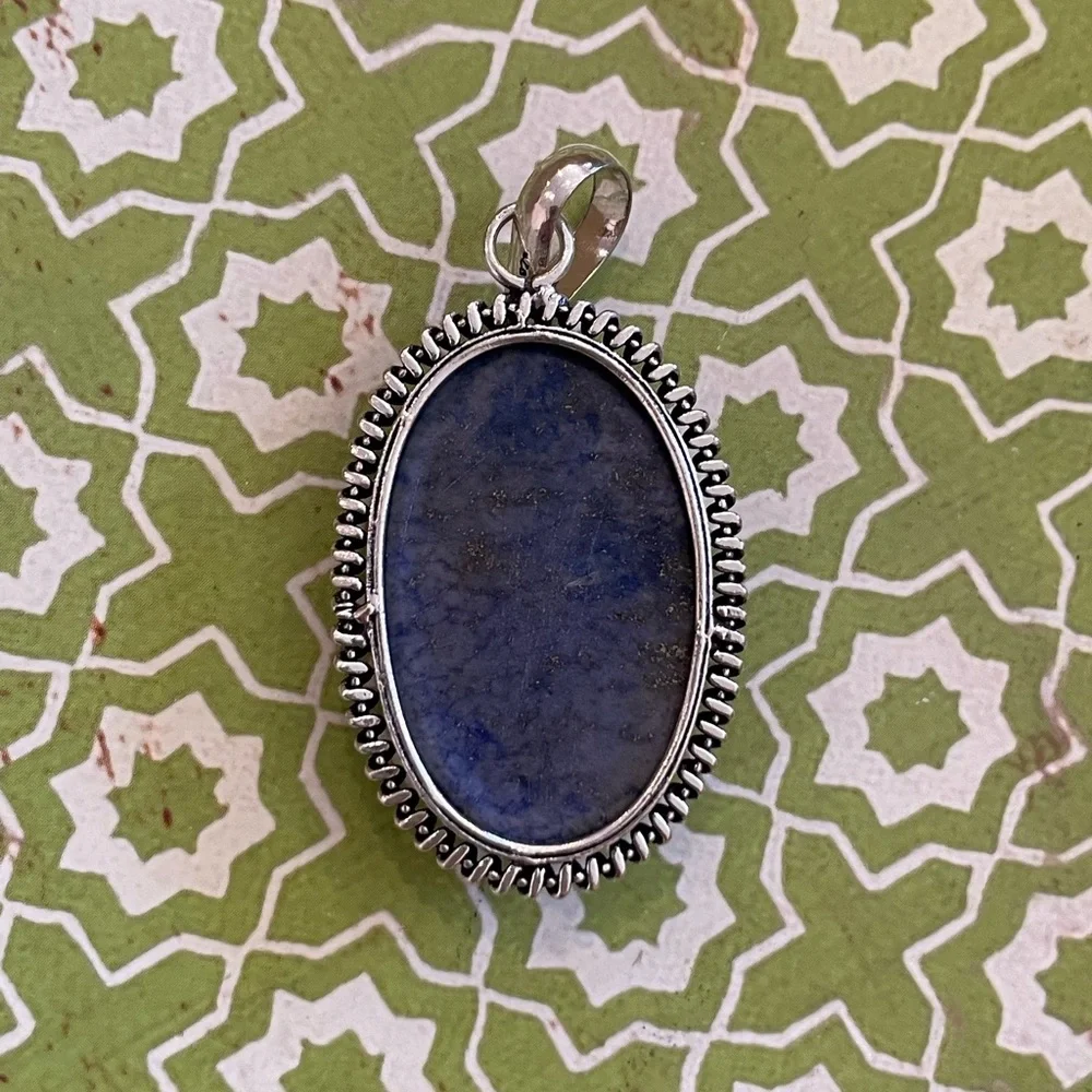 Natural Lapis Lazuli Oval Silver Plated Pendant โ Deep Blue Vintage Style - NEW - Picture 5 of 6